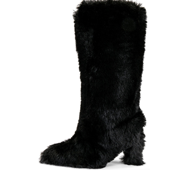 Jeffrey Campbell Fuzzie Boots 5.5 Black NWOT Faux Fur Tall Knee High Heel Glam - Picture 2 of 9